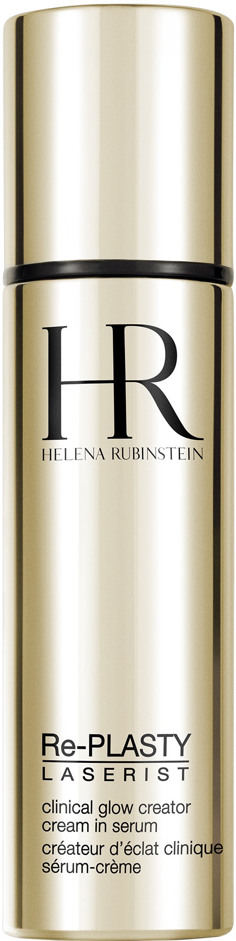 Een lange, goudkleurige fles met zwarte afsluitringen, gelabeld Helena Rubinstein Re-Plasty Laserist crème.
