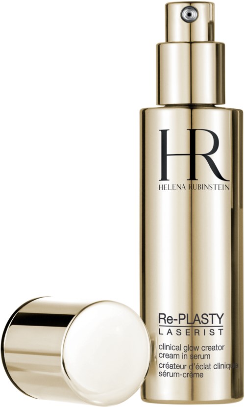 Een gouden spray fles met dop, gemarkeerd Helena Rubinstein Re-PLASTY Laserist serum.
