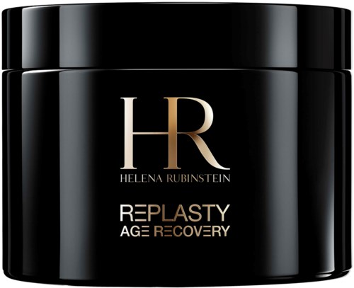 Een zwarte pot met goudkleurige en witte tekst die Helena Rubinstein's RePlasty Age Recovery huidverzorgingsproduct promoot.