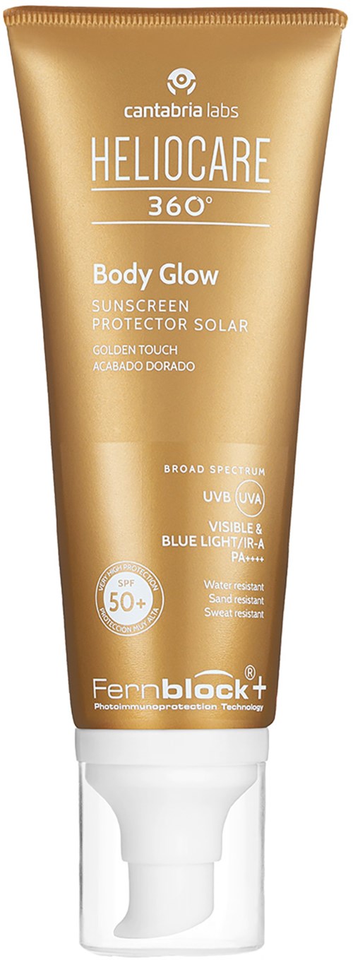 Kullanvärinen putki kerman, merkitty 'Heliocare 360°' ja SPF 50+ suojaksi kehon hehkulle.