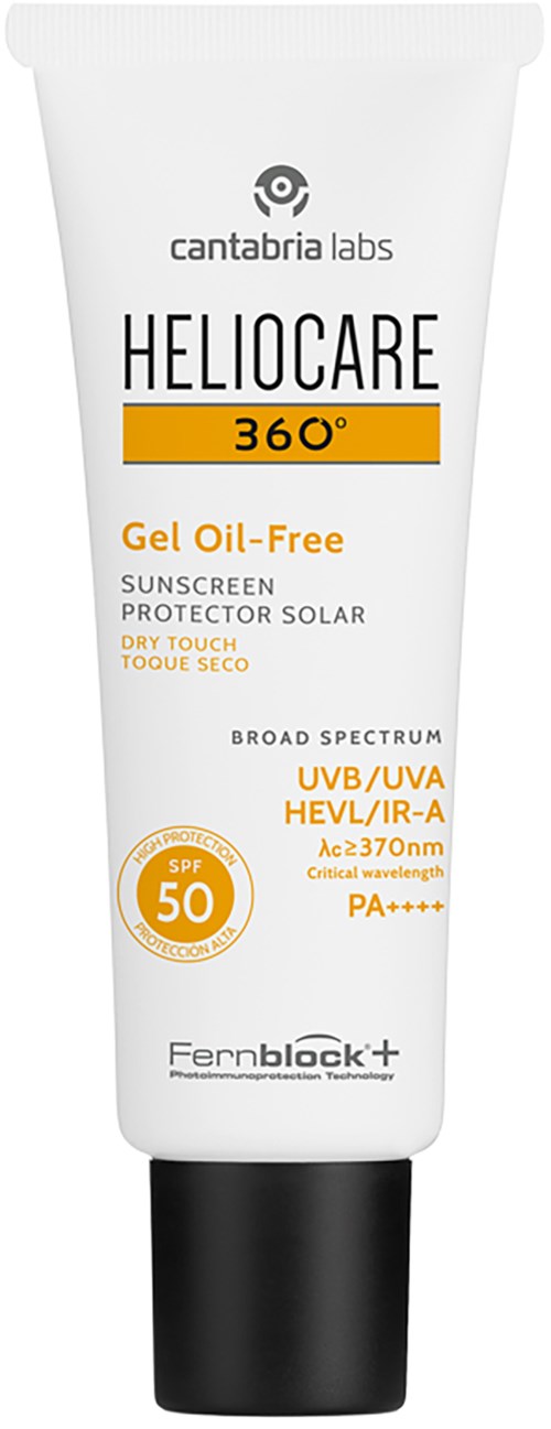 Valkoinen puteli Cantabria Labs Heliocare 360° geeliöljytön aurinkovoide SPF 50, musta korkki ja oranssi etiketti.