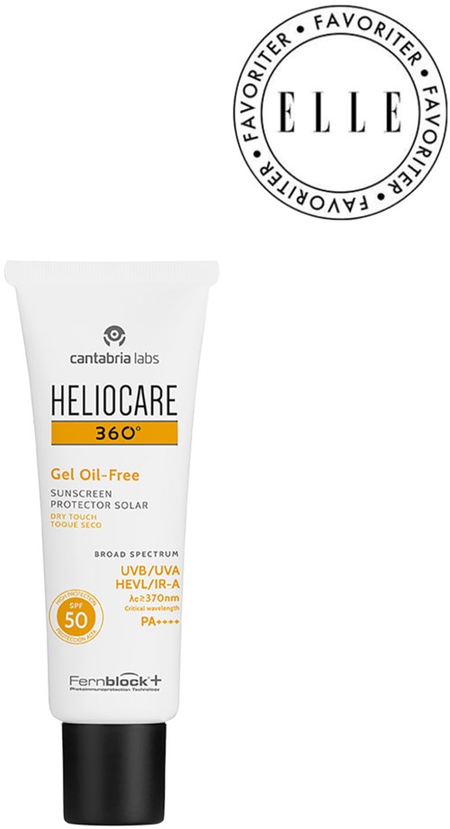 Valkoinen Heliocare SPF 50 -voideputeli, jossa keltaiset ja mustat merkinnät, valmistaja Cantabria Labs.