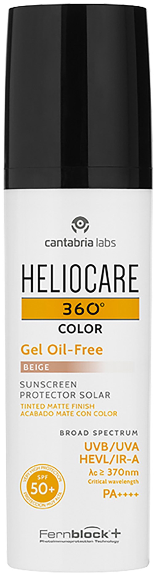Valkoinen suihkepullon mustalla korkilla, labeled Heliocare 360° väri geeli öljytön, beigen sävyt, auringon suojaamiseen.