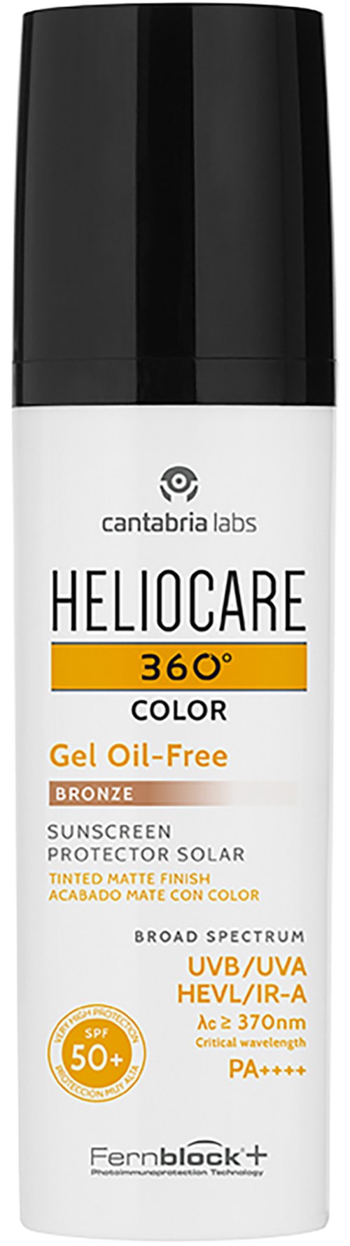 Aurinkorasvapurkki, jossa musta korkki, valkoinen runko, merkintä 'HELIOCARE 360° COLOR, Gel Oil-Free, Bronze, SPF 50+'.