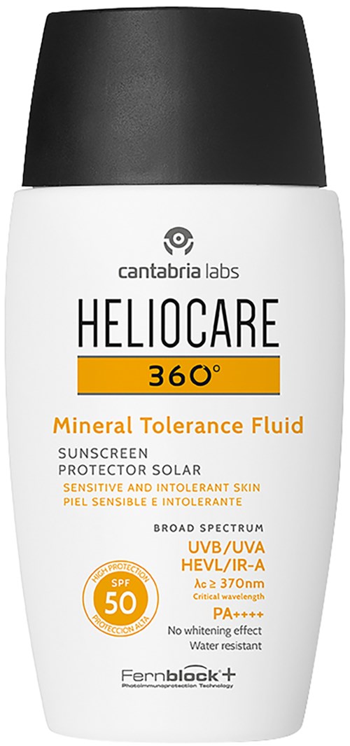 Valkoinen pullo mustalla kannella, nimeltä Heliocare 360° mineraaliskilmävoide SPF 50, vettä hylkivä.
