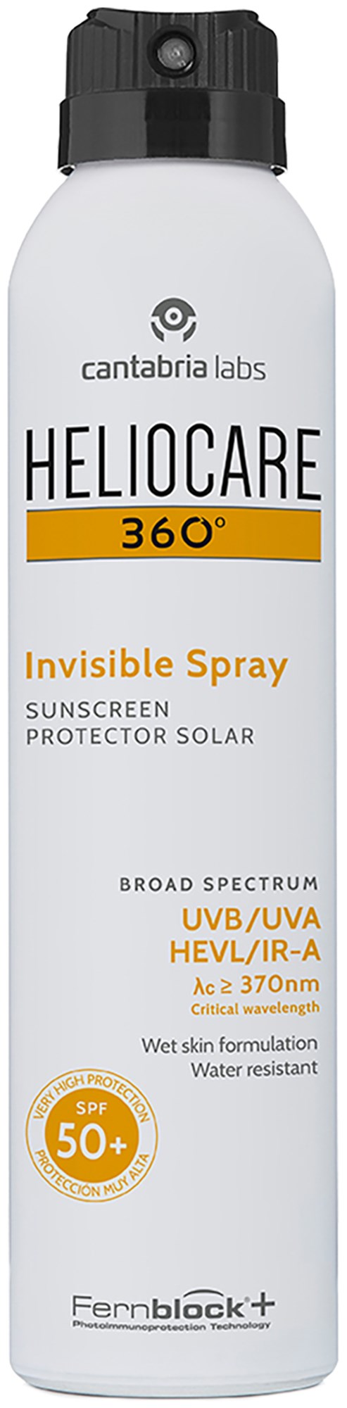 Valkoinen suihkepullo nimeltä Heliocare 360° Invisible Spray SPF 50, tarkoitettu aurinkosuojaukseen.