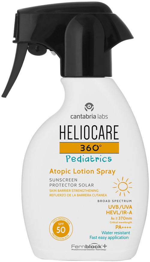 Valkoinen suihkepullo mustalla suuttimella, merkitty Heliocare 360° Pediatrics Atopic Lotion Spray, lapsille, SPF 50.