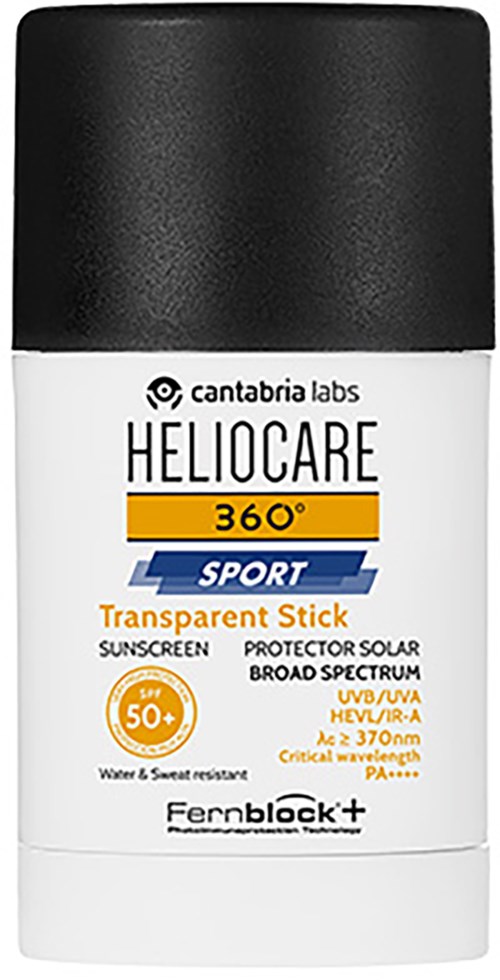 Valkoinen aurinkosuojapuna mustalla kannella, merkiltä Heliocare 360 Sport, suojaa auringolta SPF 50+.
