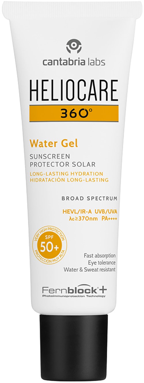 Valkoinen HelioCare Water Gel -aurinkosuojatubki, jossa musta auki, sisältää SPF 50+ ja tarjoaa pitkäkestoista kosteutusta.