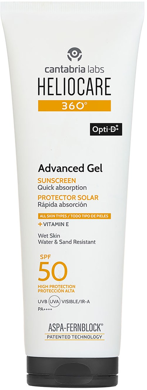 Valkoinen putki Cantabria Labs HelioCare 360° Advanced Gel SPF 50 -aurinkosuoja. Se on vettä ja hiekkaa kestävää.