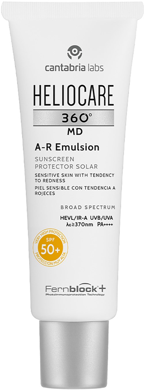 Valkoinen aurinkovoiteen putki, jossa mustaa ja oranssia tekstiä, nimeltä Heliocare 360 MD, SPF 50+.