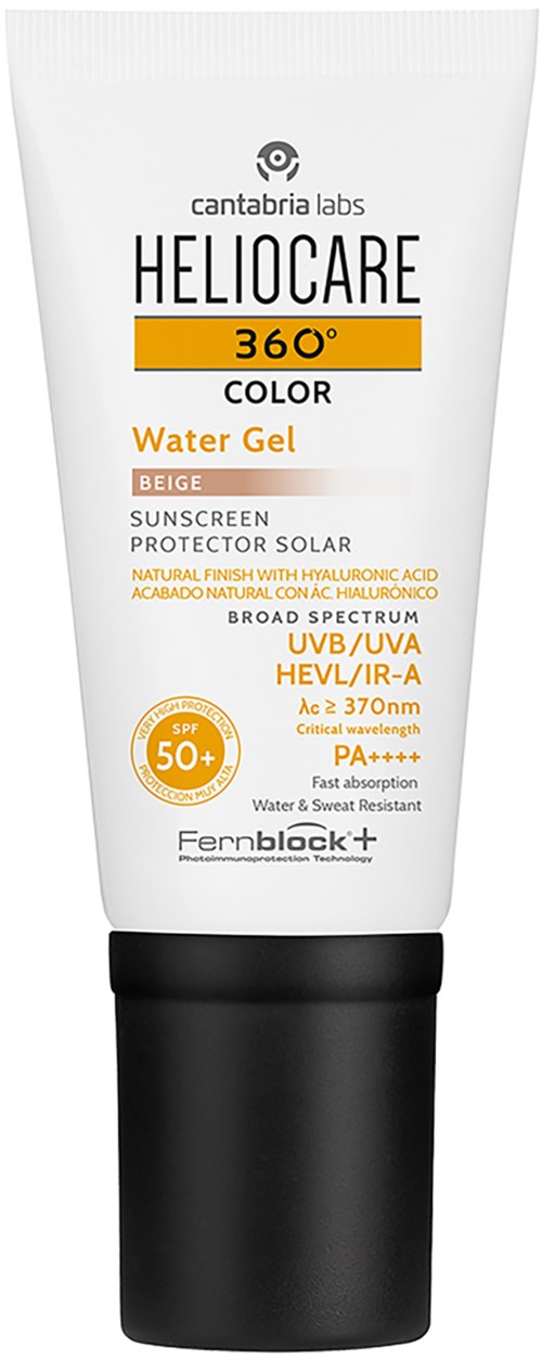 Valkoinen putki Cantabria Labs Heliocare vesigeelipassignment, musta korkki, SPF 50+, ja laajakirjainen suoja.