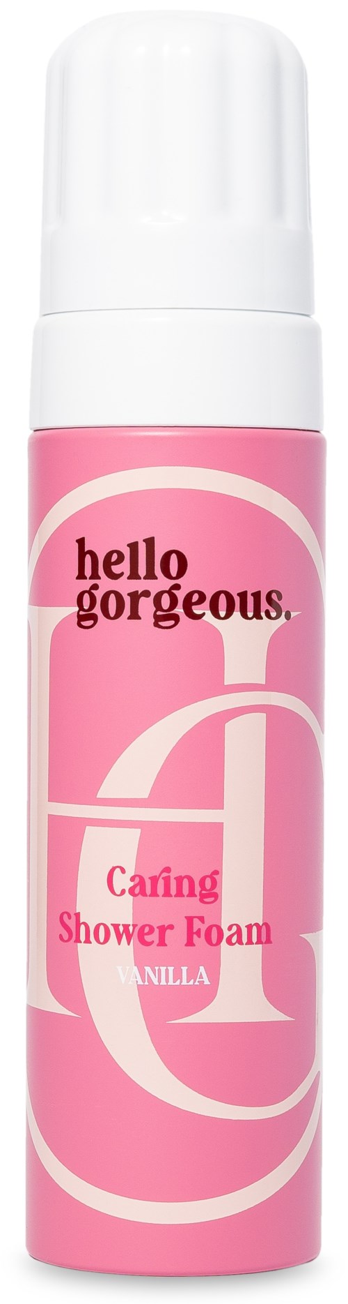 Roze en witte fles met verzorgende doucheschuim, roze tekst en een grote G-ontwerp.