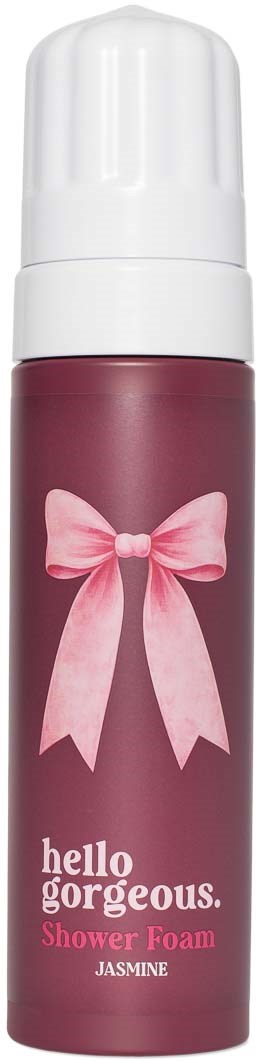 Rosa dusjskumflaske med sløyfeillustrasjon og teksten 'hello gorgeous'.