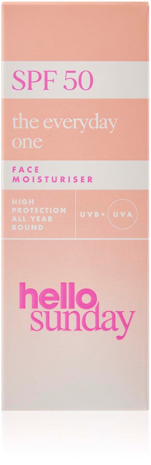 Pink-weiße Verpackung mit SPF 50 Gesichtscreme, genannt hello sunday, bietet UV-Schutz.