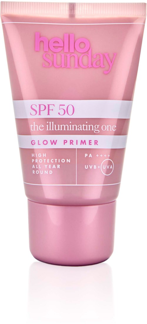 Eine rosa Tube mit Hello Sunday Glow Primer mit SPF 50, hoher Schutz und UVA/UVB-Schutz. Für ganztägigen Gebrauch.
