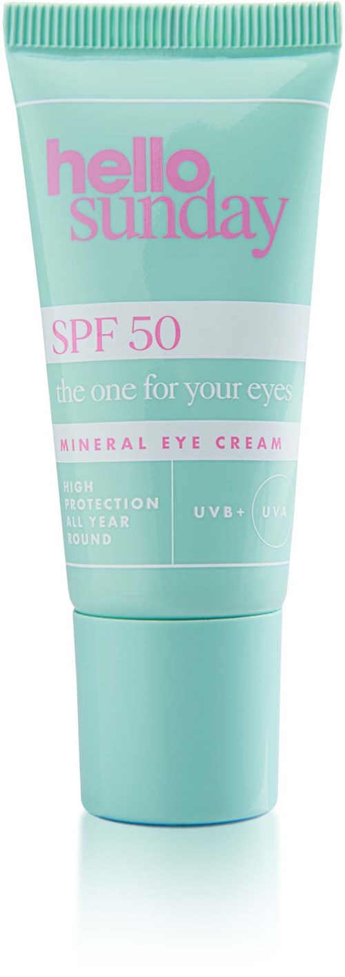 Eine Tube Augencreme mit SPF 50, hellblau, mit rosa und weißen Texten. Schutz vor Sonneneinstrahlung.