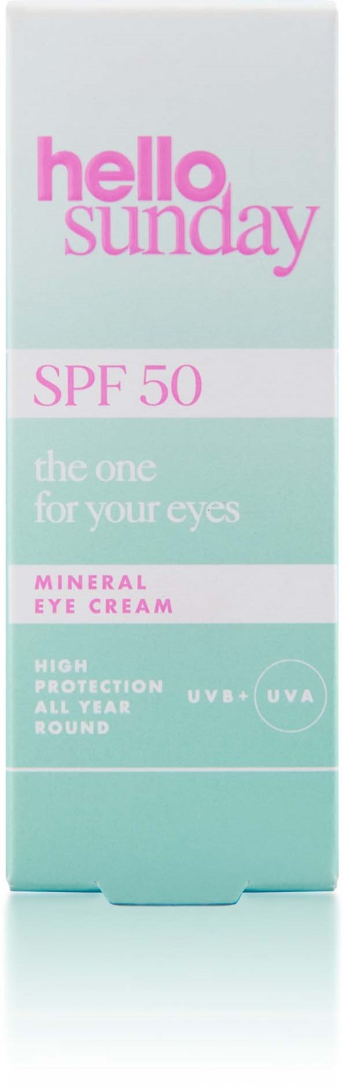 Eine Schachtel mit Hello Sunday Mineral Augencreme mit SPF 50, bietet hohen Schutz für alle Hauttypen.