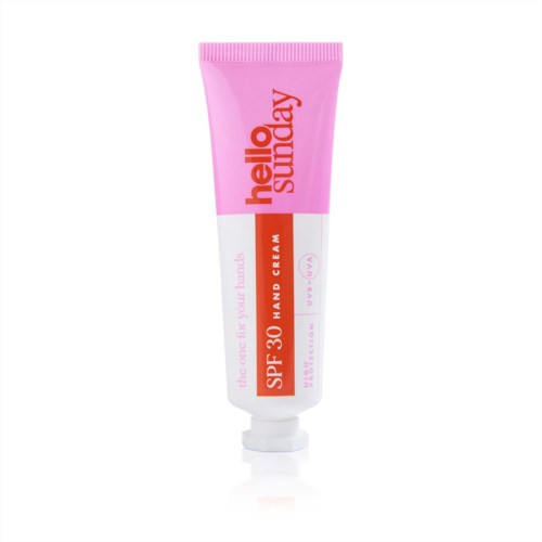 Rote Tube mit Handcreme 'hello sunday' mit SPF 30 zum Schutz vor Sonnenschäden.
