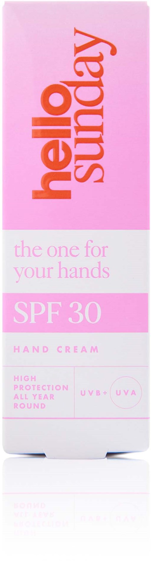 Eine rosa-weiße Tube Handcreme mit SPF 30, beschriftet 'hello sunday' und 'the one for your hands.'