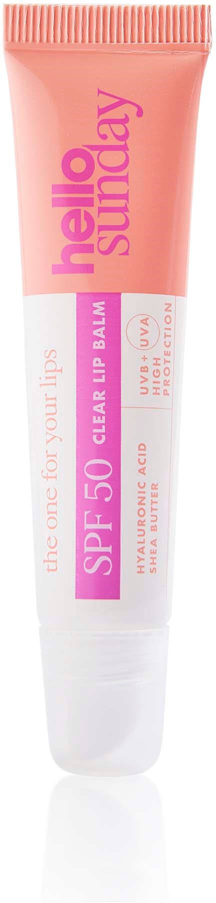 Ein pink-weißer Lippenbalsam mit SPF 50 und UV-Schutz, beschriftet "hello sunday" und "clear lip balm."