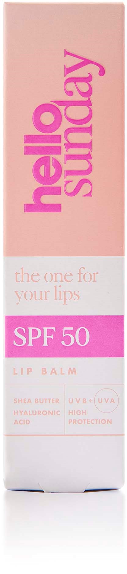 Eine Lippenbalsamverpackung mit der Aufschrift 'hello sunday', SPF 50, in Pink und Weiß, für Sonnenschutz.