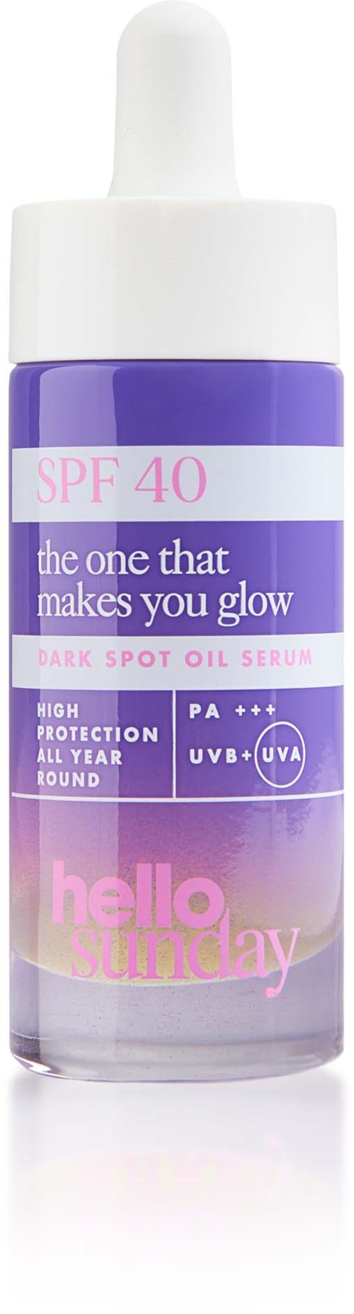 Eine lila Flasche mit weißem Deckel und Pipette, beschriftet SPF 40, schützt die Haut, lässt sie leuchten, Sonnencreme, hoher Schutz, UVA, UVB.
