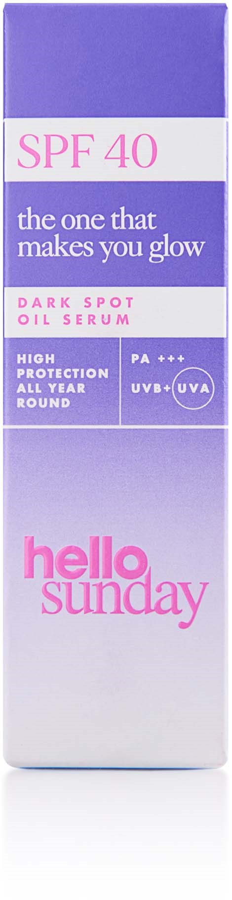 Eine pinke und lila Verpackung von Hautserum mit SPF 40 und UVA-Schutz, genannt Hello Sunday. Es macht die Haut strahlender.