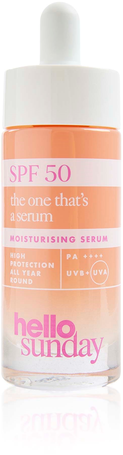 Eine rosa-weiße Flasche mit SPF 50 feuchtigkeitsspendendes Serum, bietet hohen Sonnenschutz, Marke 'hello sunday'.
