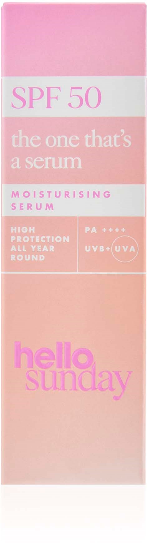 Ein rosa-weißer Kosmetik-Produktkarton mit SPF 50, feuchtigkeitsspendendes Serum und hello sunday-Branding.