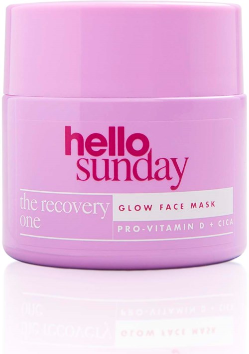 Rosa Behälter mit Hello Sunday Glow Face Mask, Vitamin D und Cica für die Hautheilung.