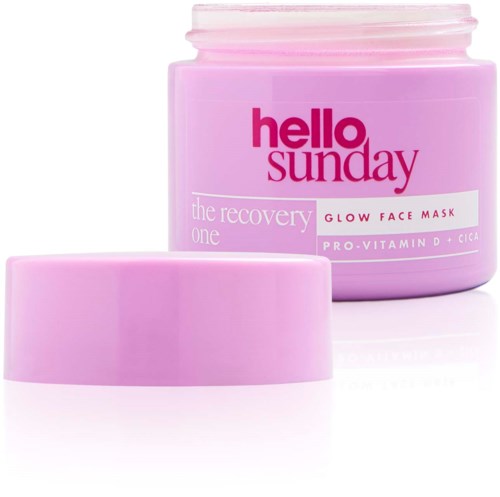Hellrosa Dose mit Hello Sunday Gesichtsmaske, passend bedeckt, für Glow und Erholung, enthält Vitamine und Cica.
