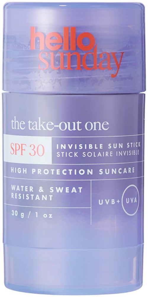 Ein lila und blauer Sonnenschutzstift mit 'hello sunday' Beschriftung, SPF 30, wasser- und schweißresistent.