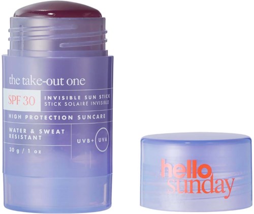 Lila SPF 30 Stick, wasser- und schweißfest, mit blauer Kappe mit roter Schrift "hello sunday."