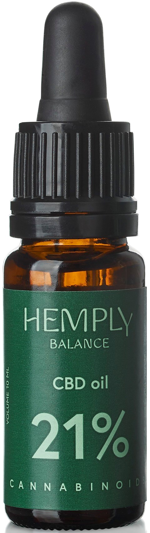 Pieni merivärinen lasipullo mustalla tipputaikolla, missä lukee 'HEMA BALANCE CBD oil 21% Cannabinoid.'