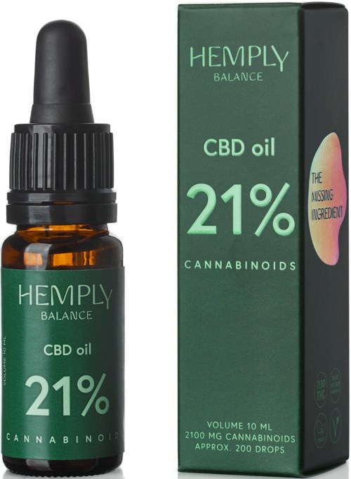 Pieni CBD-öljypullo tipparilla, vihreä etiketti ja vastaava vihreä laatikko, molemmat näyttävät '21% Kannabinoideja'.