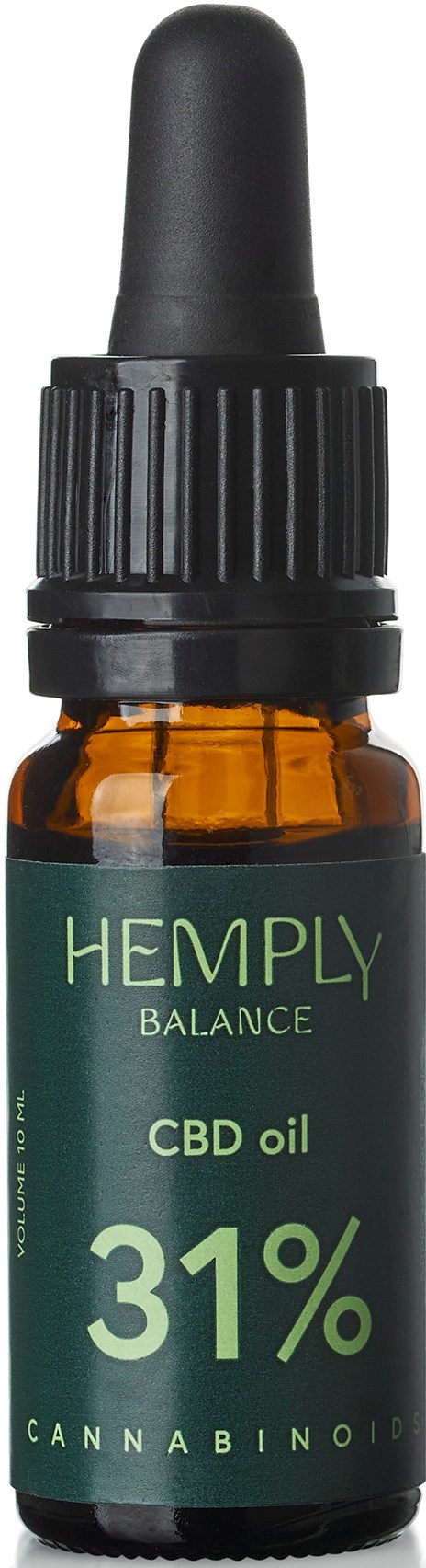 Pieni ruskea pullo, jossa musta tiputuspullo, etiketti 'HEMPLY BALANCE CBD oil 31% CANNA BIOID'.