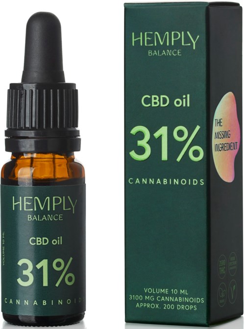 Pieni tippo pulloa hampan CBD-öljyä sen laatikon kanssa, jossa lukee 31% kannabinoideja ja 10 ml mitta.