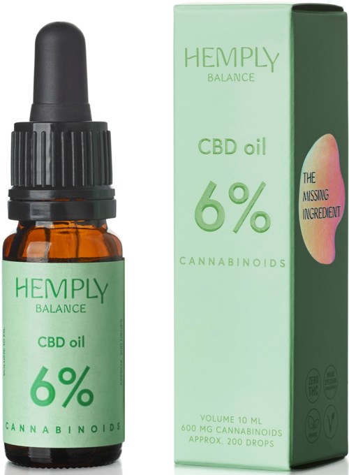 CBD-öljy pienen ruskean pullon kanssa, ja vihreä pakkaus. Molemmissa lukee 6% CBD.