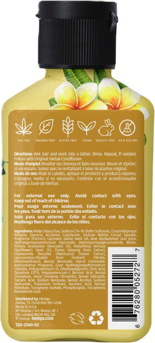 Bottle with a yellow label, featuring images of yellow flowers and icons indicating use and ingredients.