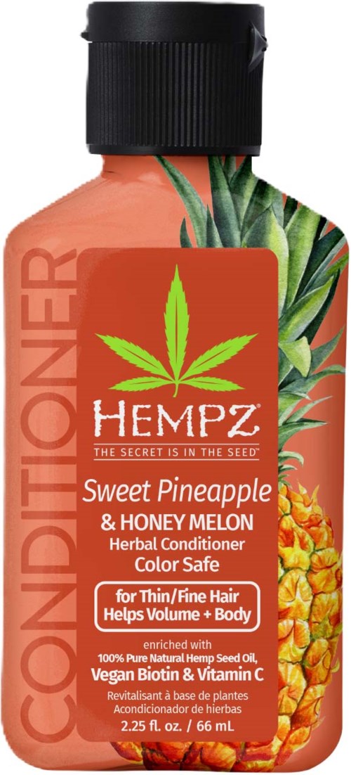 Herbal conditioner bottle with pineapple and honey melon images, labels mention hemp, for thin hair, and natural ingredients.