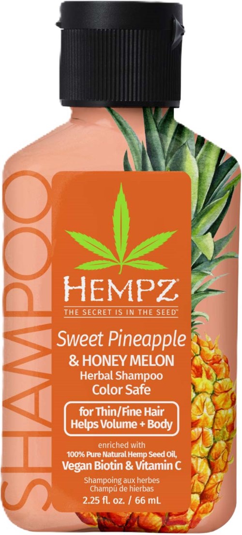 Bottle of hemp shampoo with pineapple and honey melon, featuring a green hemp leaf logo. Designed for thin or fine hair.