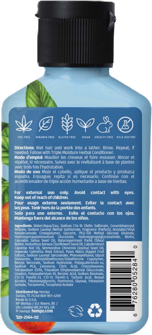 A blue bottle with a black cap, featuring leaf illustrations and icons indicating natural, vegan, gluten-free, and cruelty-free products.