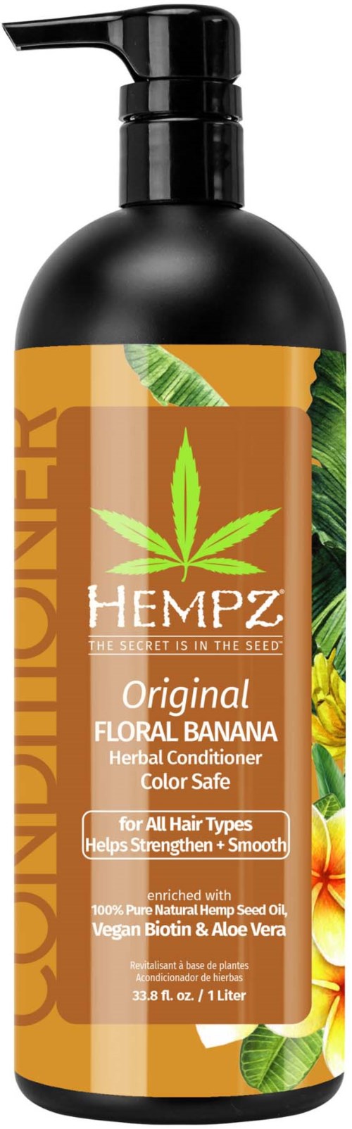 A black bottle with a pump, labeled Hempz floral banana herbal conditioner for all hair types, contains natural ingredients.