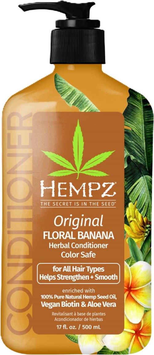Conditioner bottle with hemp leaf design, floral banana images, and green leaves, labeled for hair strengthening and smoothness.