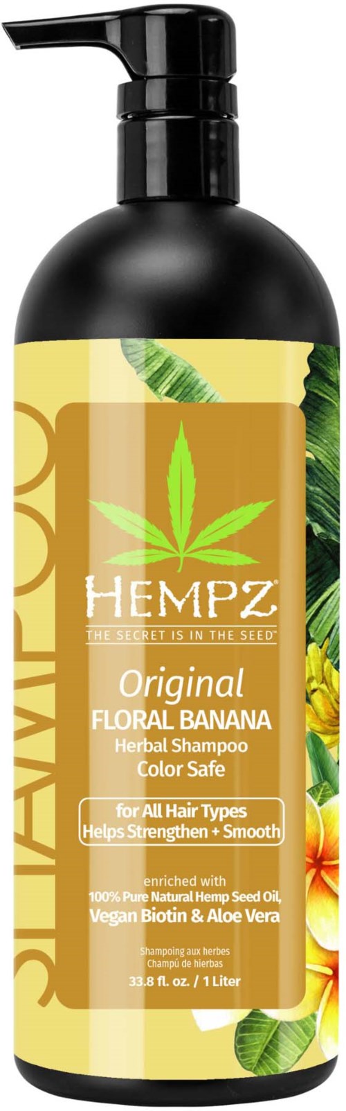 A black bottle with a pump contains hemp herbal shampoo with floral banana scent and colorful flower illustrations.
