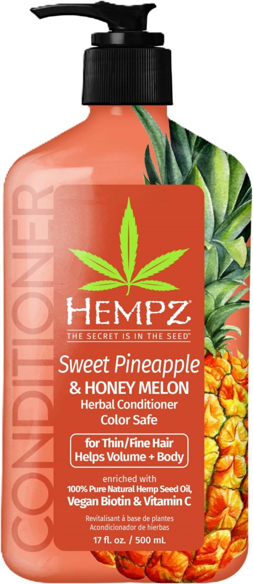 A herbal conditioner bottle with a pump, showing pineapple, honey melon, and green leaves, labeled 'Hempz' for hair and body.