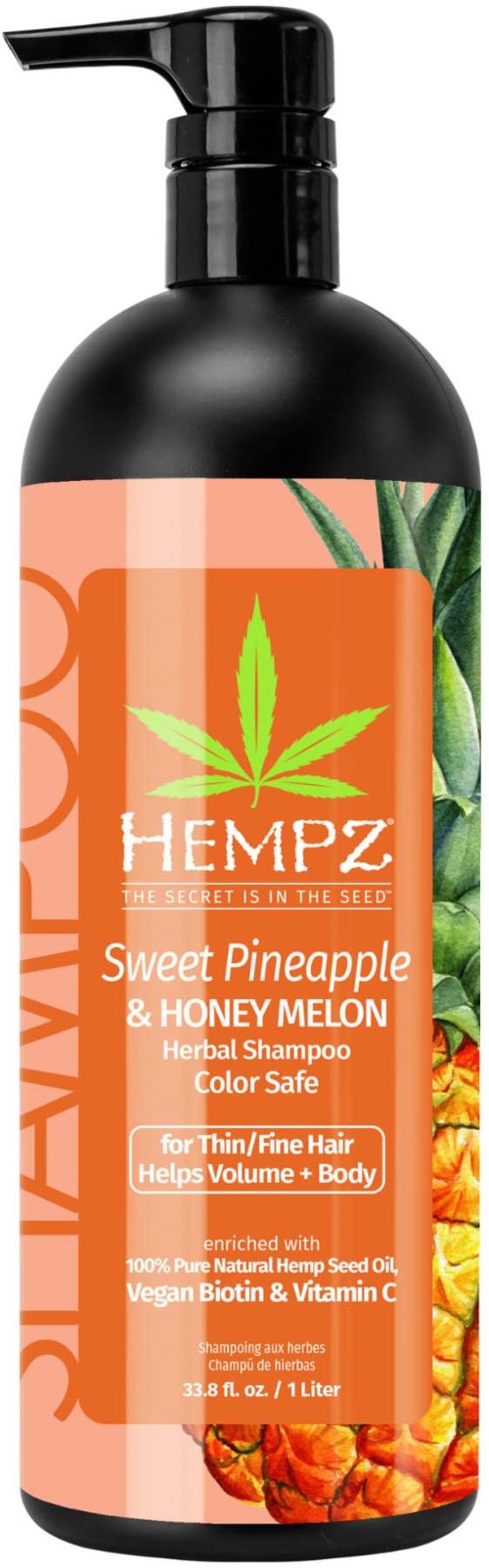 Black bottle of herbal shampoo for thin or fine hair with pineapple and honey melon scent, contains hemp seed oil.