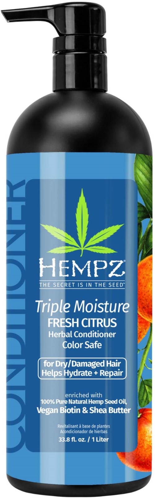 A black bottle with a pump, labeled as hemp-based hair conditioner with citrus scent, designed for damaged hair.