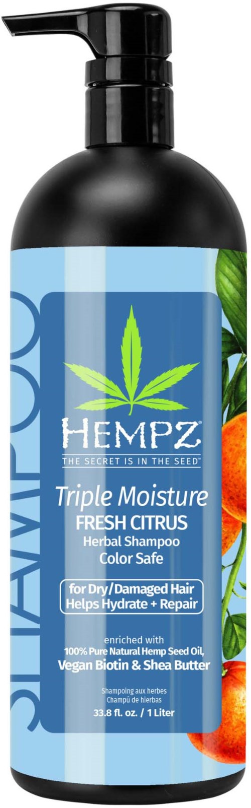 A black bottle with a pump, labeled Hempz herbal shampoo, featuring a green hemp leaf and orange citrus images.